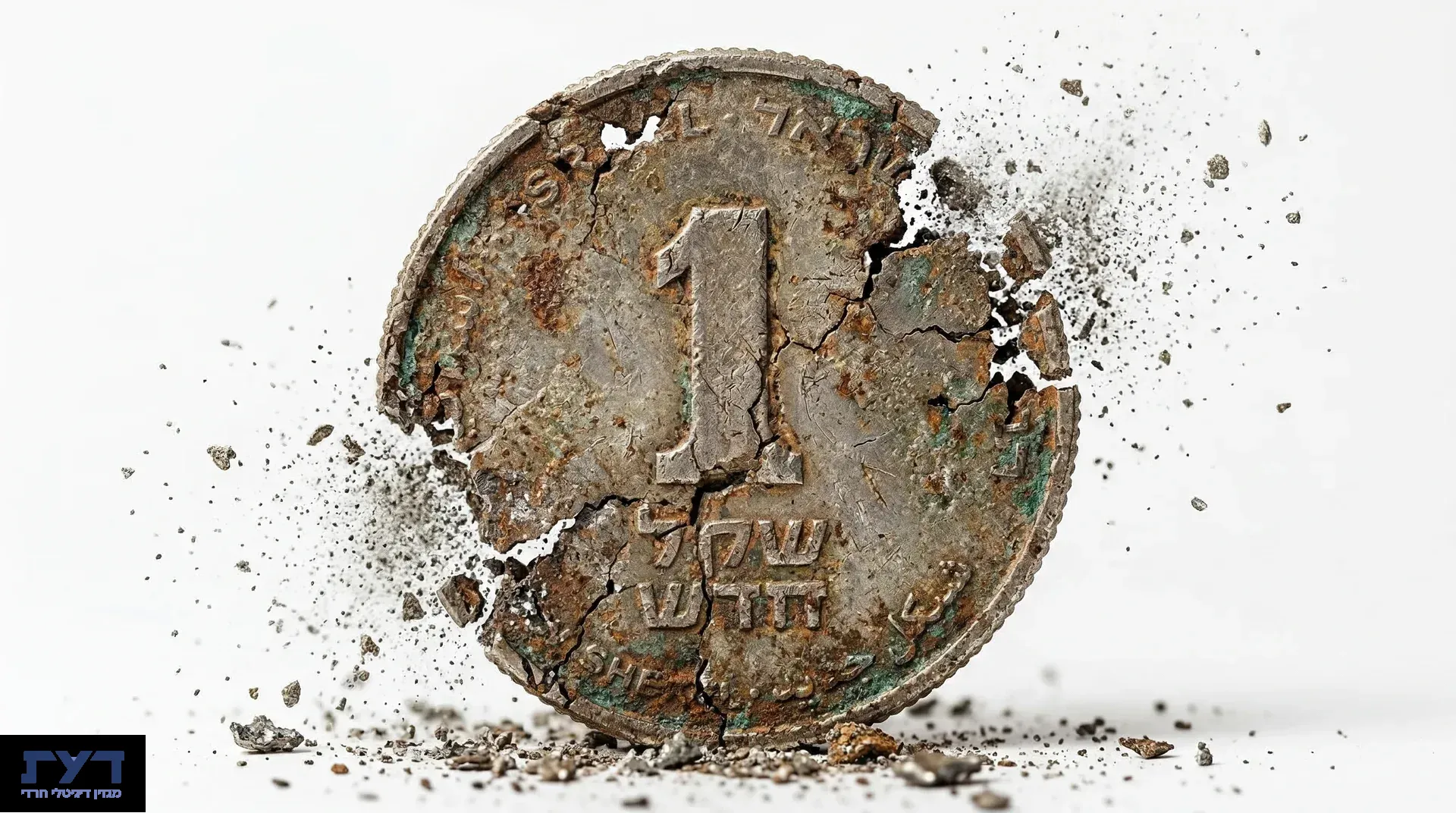 מטבע עתיק מחלידה מתפורר לחלקיקים קטנים על רקע לבן, מסמל הידרדרות ואובדן ערך כלכלי