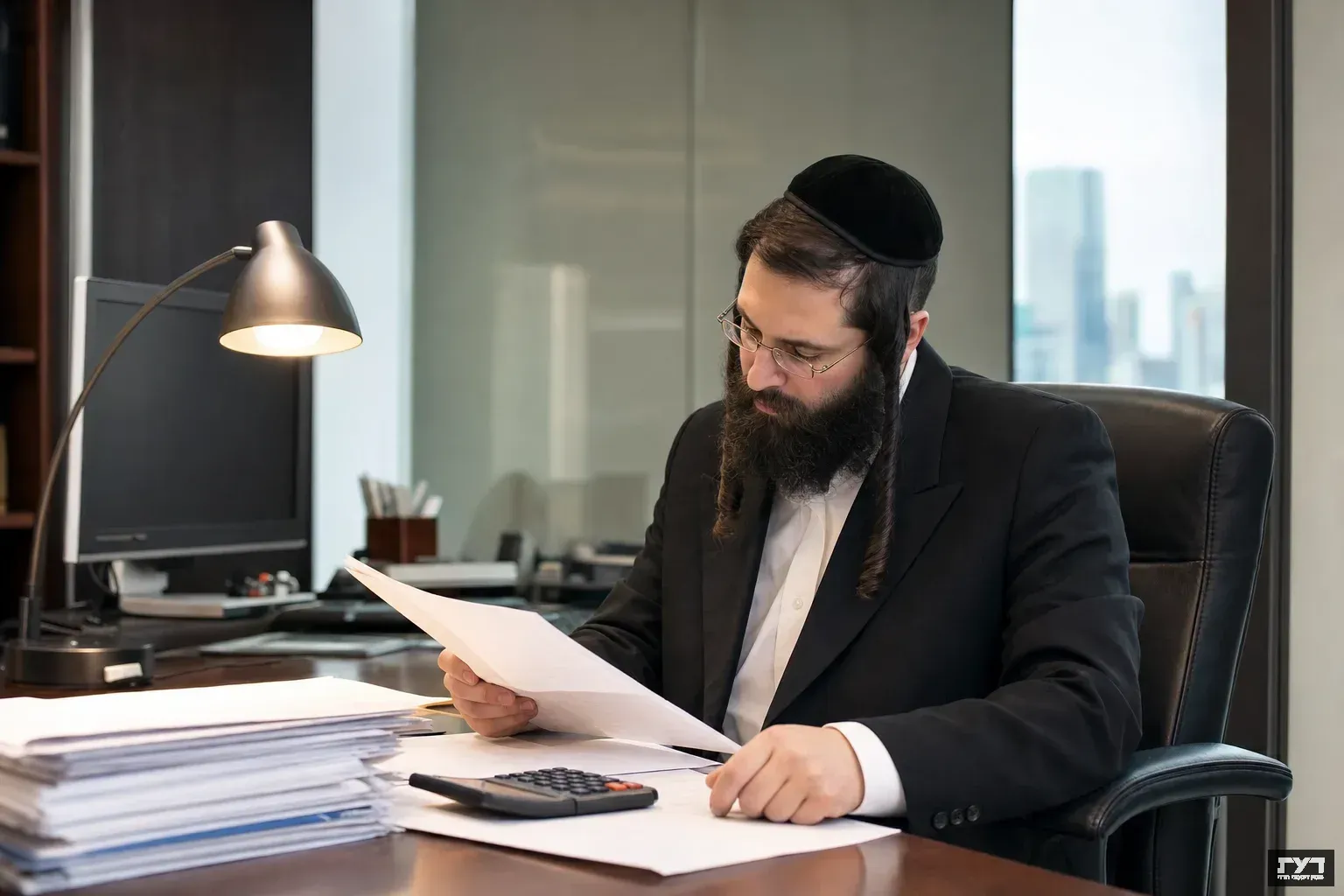 איש חרדי בחליפה ועם זקן בוחן מסמכים פיננסיים בשולחן עבודה עם מחשבון ומנורת שולחן במשרד מקצועי