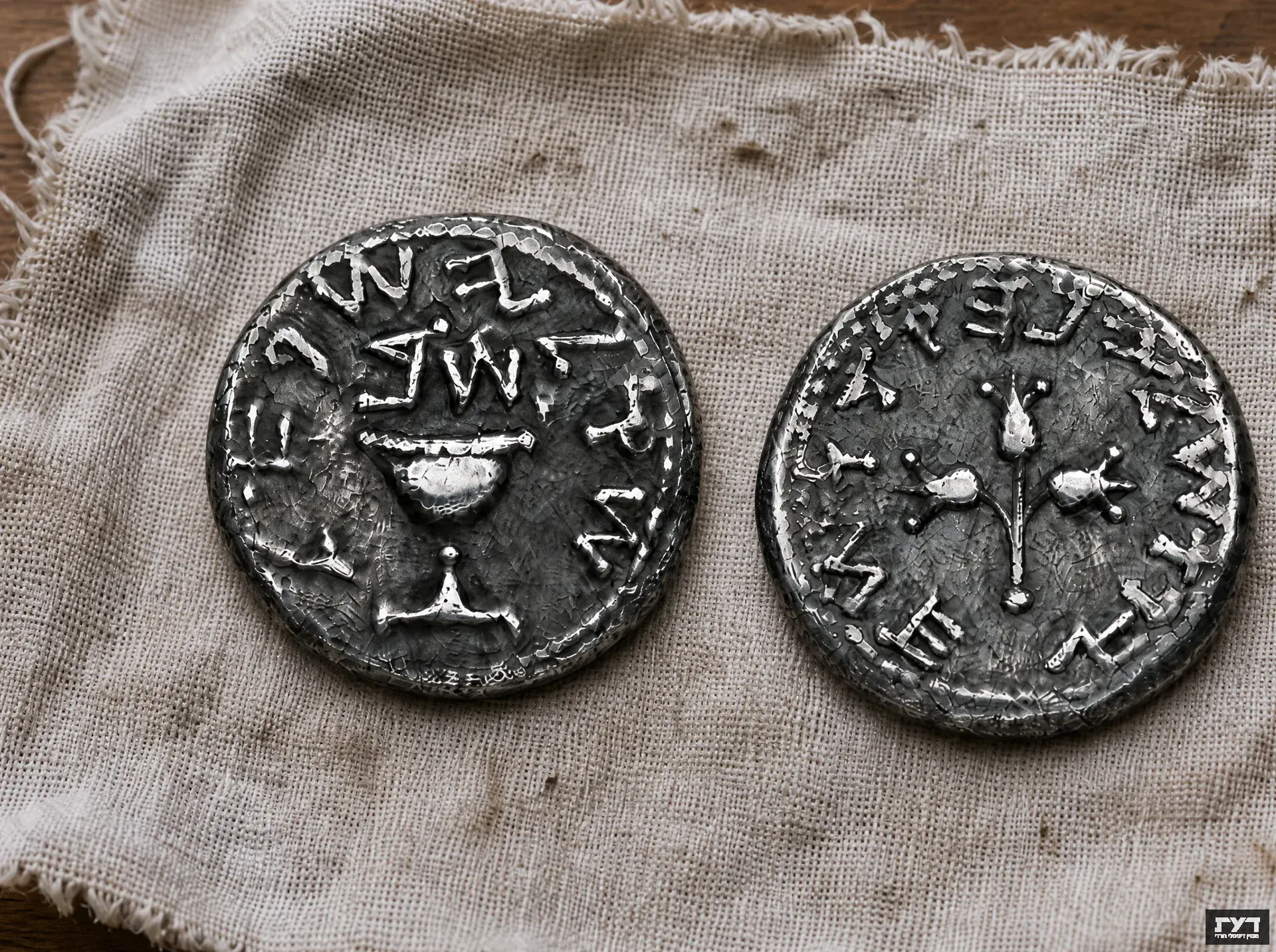 מטבעות כסף עתיקים עם כתב עברי קדום, גביע וענף, על בד פשתן
