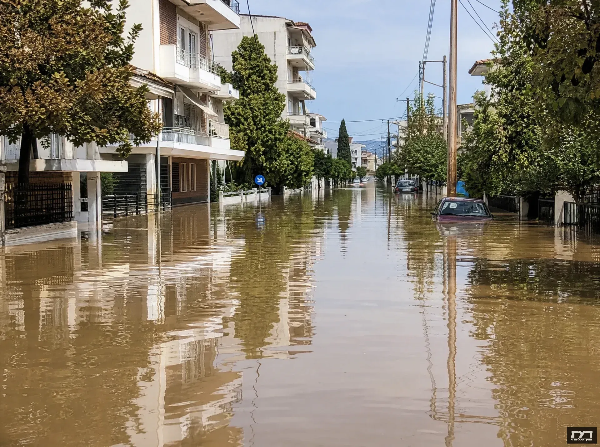 רחוב מוצף במי שיטפון בעיר לריסה ביוון עם מכונית שקועה ובניינים משני הצדדים